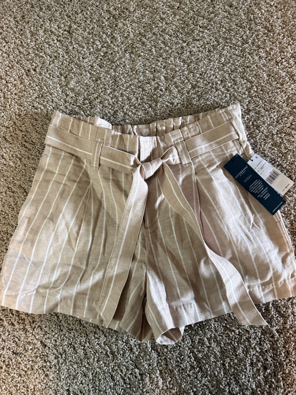 Liverpool Beige Striped Paperbag Waist Tie-Front Shorts